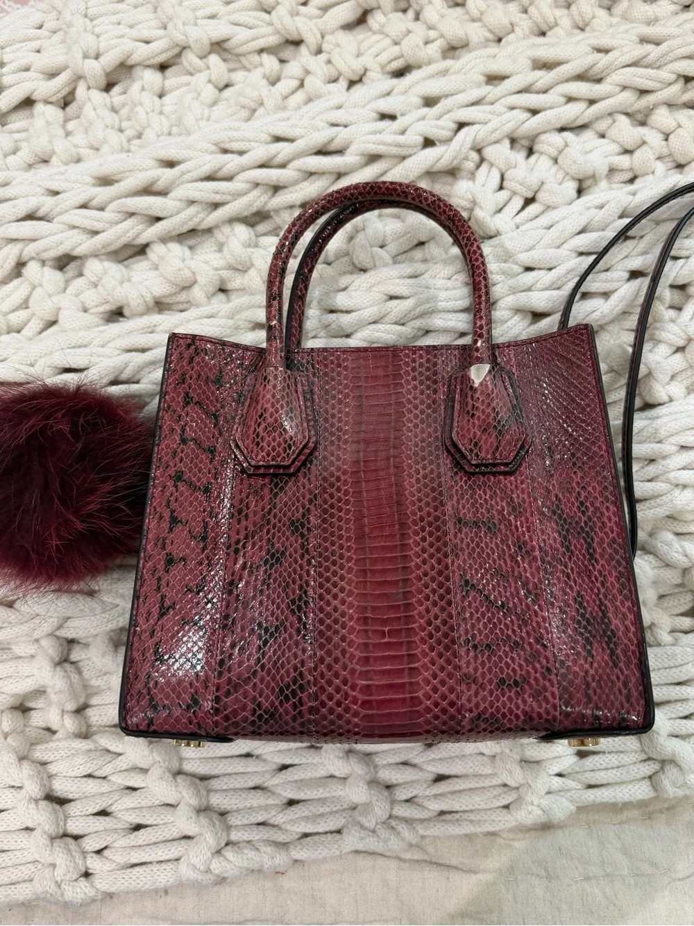 Michael Kors Deep Burgundy Snake-Embossed Satchel with Pom Pom